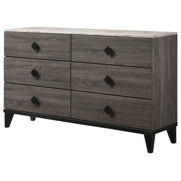 Unique Dresser, Faux Marble Top & 6 Drawers With Diamond Knobs, Rustic Gray Oak