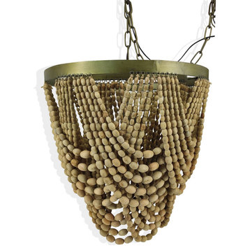 Saunders Chandelier Natural Wood Beads Brass Metal Finish