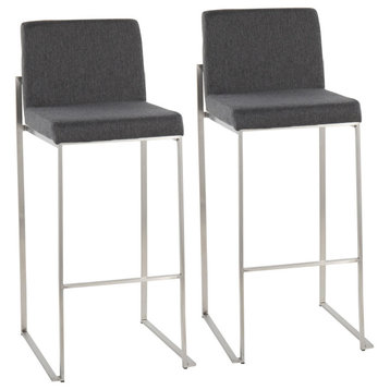 Fuji High Back Barstool, Set of 2, Stainless Steel, Charcoal Fabric