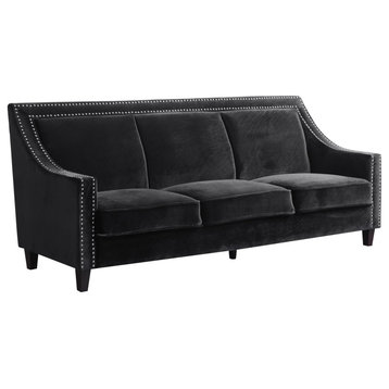 Traditional Sofa, Comfortable Velvet Seat With Swoop Arm & Nailhead Trim, Black