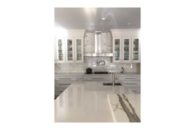 トロントにある高級な広いモダンスタイルのおしゃれなキッチン (アンダーカウンターシンク、シェーカースタイル扉のキャビネット、白いキャビネット、珪岩カウンター、白いキッチンパネル、石タイルのキッチンパネル、シルバーの調理設備、濃色無垢フローリング) の写真