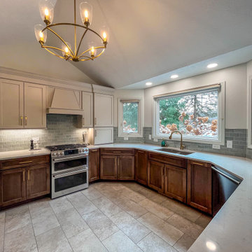 Two Tone Kitchen with Wood Stained and Light Beige Cabinets