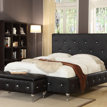 Black Faux Leather Crystal Tufted Upholstered Platform Slat Bed (Wood Frame)