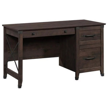 Farmhouse Desk, Wood Top With Lower Storage Drawer & Metal Handles, Coffee Oak