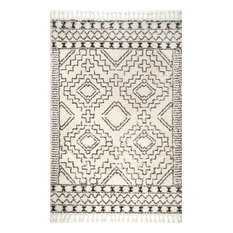 Moroccan Shag Tribal Chevron Tassel Area Rug, Off-White, 5'3"x7'7"
