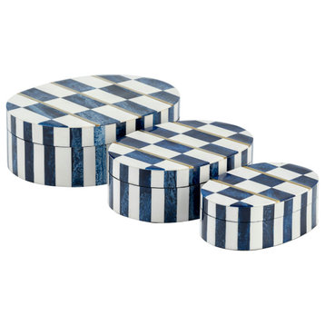 Resin, Set of 3 6/7/9"Checkered Pttrn Oval Boxes, Wht/Ble
