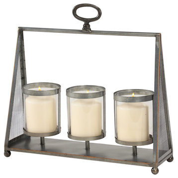 Large Metal and Glass Hanging Candle Holder With Triangular Mesh Frame