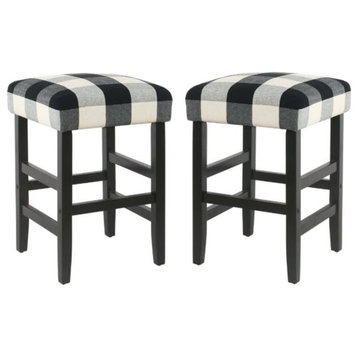 Home Square 24.5" Square Fabric Plaid Pattern Counter Stool in Black - Set of 2