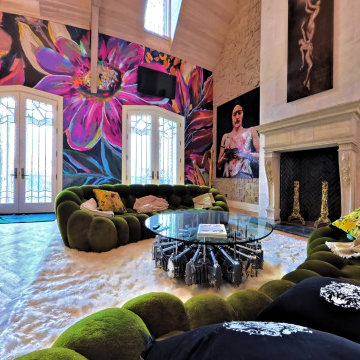 Statement Great Room with Sculptural Beams, Custom Furnishings, and Artful Finis