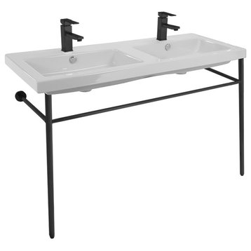 Double Ceramic Console Sink and Matte Black Stand, Two Hole