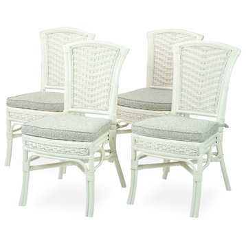 Set of 4 Alexa Dining Side Chairs White Color Natural Rattan Wicker Handmade