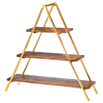 Wood and Metal 3 Tier Serving Stand, Brown and Gold