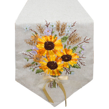 Ribbon Embroidery Flower Linen Table Runner, 13"x72" Sunflower