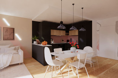 Exemple d'une petite salle à manger moderne avec un mur blanc, sol en stratifié, un sol marron et éclairage.