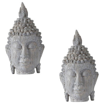Set Of 2 Meditating Buddha Head Sculpture 4.5x4x8"