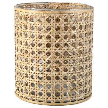 Glass Hurricane Candle Holder Wrapped, Woven Rattan Cane, Small