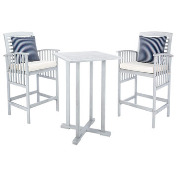 3 Piece Patio Bistro Set, Tall Table and Padded Stools With Pillows, Grey/Beige