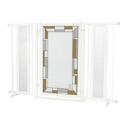Fusion Gates - Fusion Gate with Bauhaus Border Design, White Pearl, 52"-60" - Dog Gates