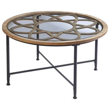 Maklaine Rustic 32.5" Round Glass Top Coffee Table in Black Finish