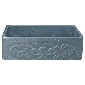 33" Farmhouse Single Sink, Floral Carving Front, Charcoal Marquina Soapstone