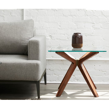 Mid-Century Modern Glass End Table, Walnut Stain