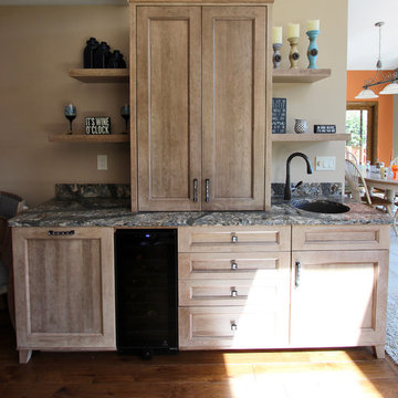Rustic Dining Room/Wet Bar with Cherry Cappuccino Cabinets and Quartz Countertop