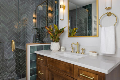 Transitional master green tile and ceramic tile porcelain tile and single-sink alcove shower photo in Boston with shaker cabinets, medium tone wood cabinets, a bidet, white walls, an undermount sink, quartz countertops, a hinged shower door, white countertops and a built-in vanity