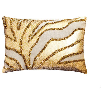 Gold Faux Leather 12"x20" Lumbar Pillow Cover Animal Sequins - Leopard Spotlight