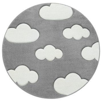 Kids Rug With Charming Clouds, Pastel Gray, 5'3" Round