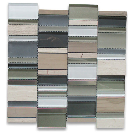 Glass Mosaic Tile Aviation Glass Athnes Gray Marble Stainless Steel, 1 sheet