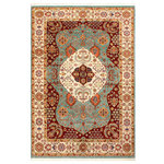 Bareens Designer Rugs - Bohemian Heriz Ziegler Cory Blue Beige Hand-Knotted Rug - 8'2'' x 11'9'' - Enhance the ambiance of your home with this magnificent Persian-influenced Turkish hand-knotted rug made by skilled artisans capable of creating the most exceptional vegetable dyes and hand-spun wool. This exquisite handmade rug is a one-of-a-kind Peshawar Kafkaz, otherwise identified as Chobi, Chobi Peshawar, Oushak, or Ziegler rug. These handmade rugs are crafted in Pakistan utilizing superior-quality wool imported from Australia, New Zealand, and Korea in two types of weaves: the Persian weave and the Mori weave. This rug is meticulously crafted by hand using the finest natural vegetable dyes extracted from local plants. The artisans use a blend of hand-spun local and fine merino wool, resulting in a rug with a compelling texture, higher lanolin content, and longer staple. The artisans occasionally incorporate natural or artificial silk into the pile to enhance specific motifs. The finished product is an awe-inspiring execution of flawless design and an understated palette that exudes elegance.