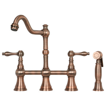 Two-Handles Copper Bridge Kitchen Faucet with Side Sprayer, Antique Copper