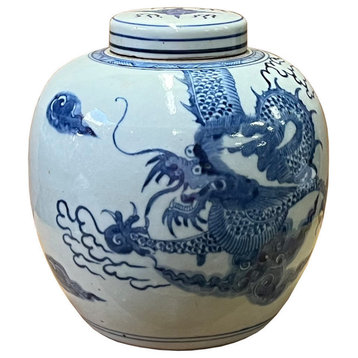 Chinese Hand-paint Fengshui Dragon Blue White Porcelain Ginger Jar Hws2815