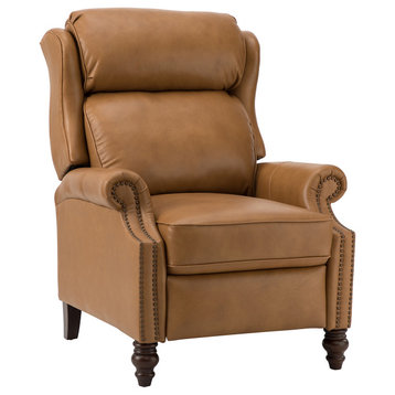 Modern Genuine Leather Manual Recliner With Solid Wood Legs, Camel