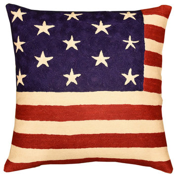 American Flag Pillow Cover Union Jack Wool Hand Embroidered Wool 18x18"