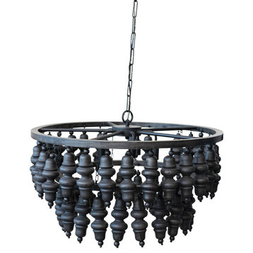Round Metal and Mango Wood Bead Chandelier With Five Lights, Black