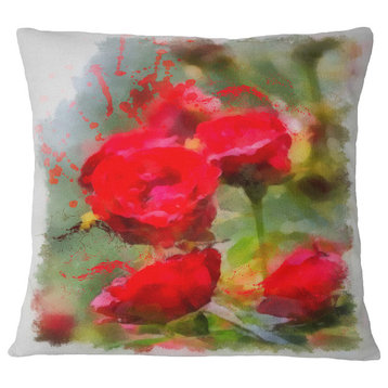Red Roses On Green Watercolor Flower Throw Pillow, 18"x18"
