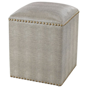 Vintage Deco Faux Shagreen Square Bench in Grey Finish Gold Metal Stud Accents