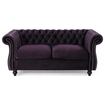 Classic Chesterfield Sofa, Scrolled Arms & Back With Deep Tufting, Blackberry