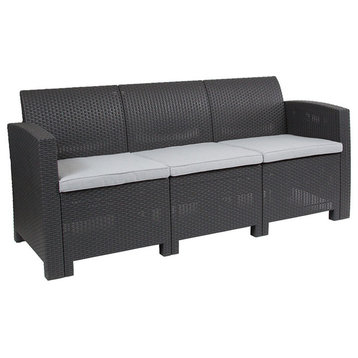 Dark Gray Faux Rattan Sofa With All-Weather Light Gray Cushions