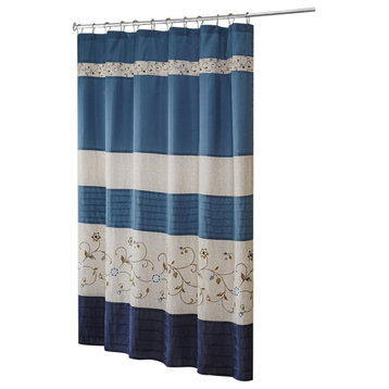 Madison Park Faux Silk Embroidered Floral Shower Curtain With Navy MP70-3452