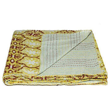 50" x 70" Gray and Blue Kantha Cotton Floral Throw Blanket, Hues of Brown, White and Yellow