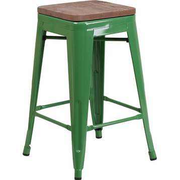 24" Backless Metal Counter Height Stool With Square Wood Seat, Green