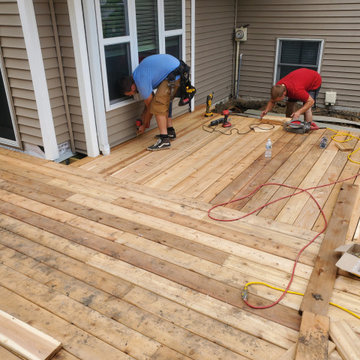 Stamped concrete, cedar deck