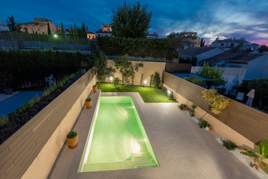 Imagen de piscina alargada actual rectangular en patio trasero con paisajismo de piscina