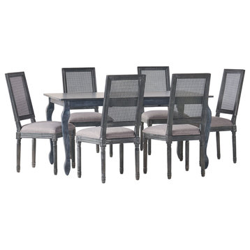 Fernleaf Fabric Upholstered Wood and Cane Expandable 7-Piece Dining Set, Gray