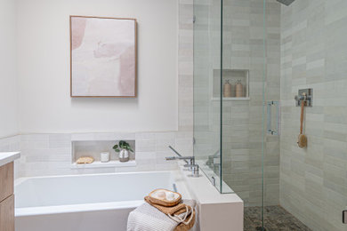 Example of a mid-sized master bathroom design in Denver with a built-in vanity