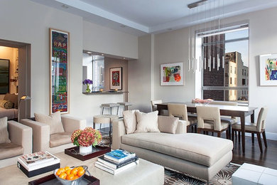 Living room - large contemporary formal and open concept dark wood floor living room idea in New York with beige walls