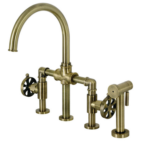 KS2333RX Belknap Bridge Kitchen Faucet With Brass Sprayer, Antique Brass