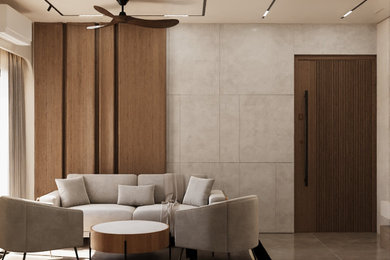 Small trendy ceramic tile, beige floor and wall paneling living room photo in Delhi with a bar, beige walls and a media wall